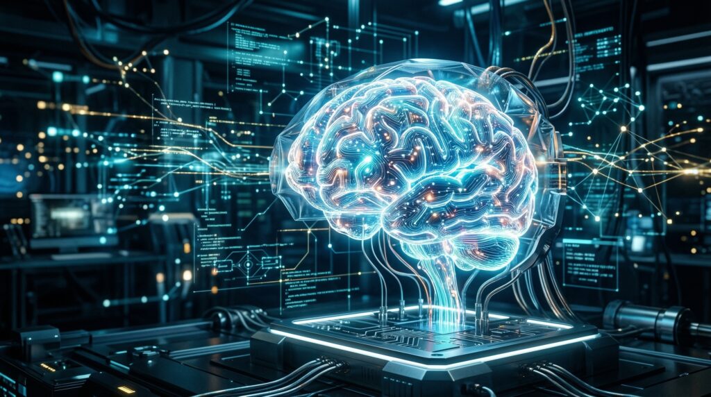 Futuristic artificial intelligence brain with glowing digital circuits